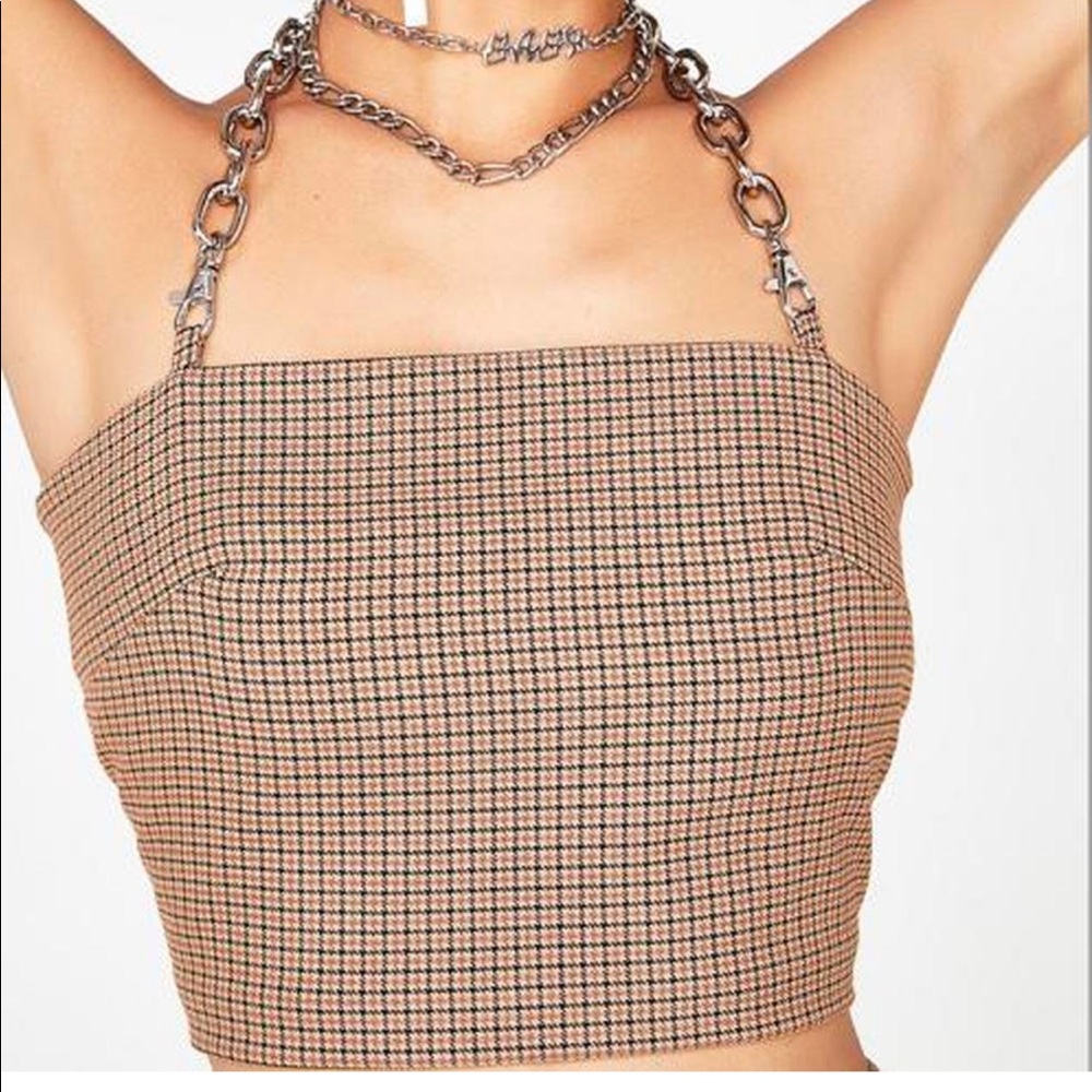 Ragged Priest plaid zipper crop top with chain